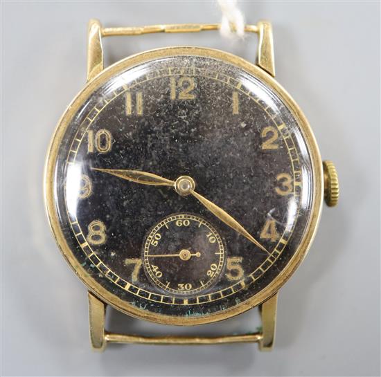 A gentlemans 585 International Watch Co. black dial manual wind wrist watch, with Arabic dial and subsidiary seconds (strapless).